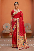 Mameraa Sarees Red Faux Banarasi Silk Saree With Paithani Rich Weaved Pallu And Blouse-Red | Grocsy
