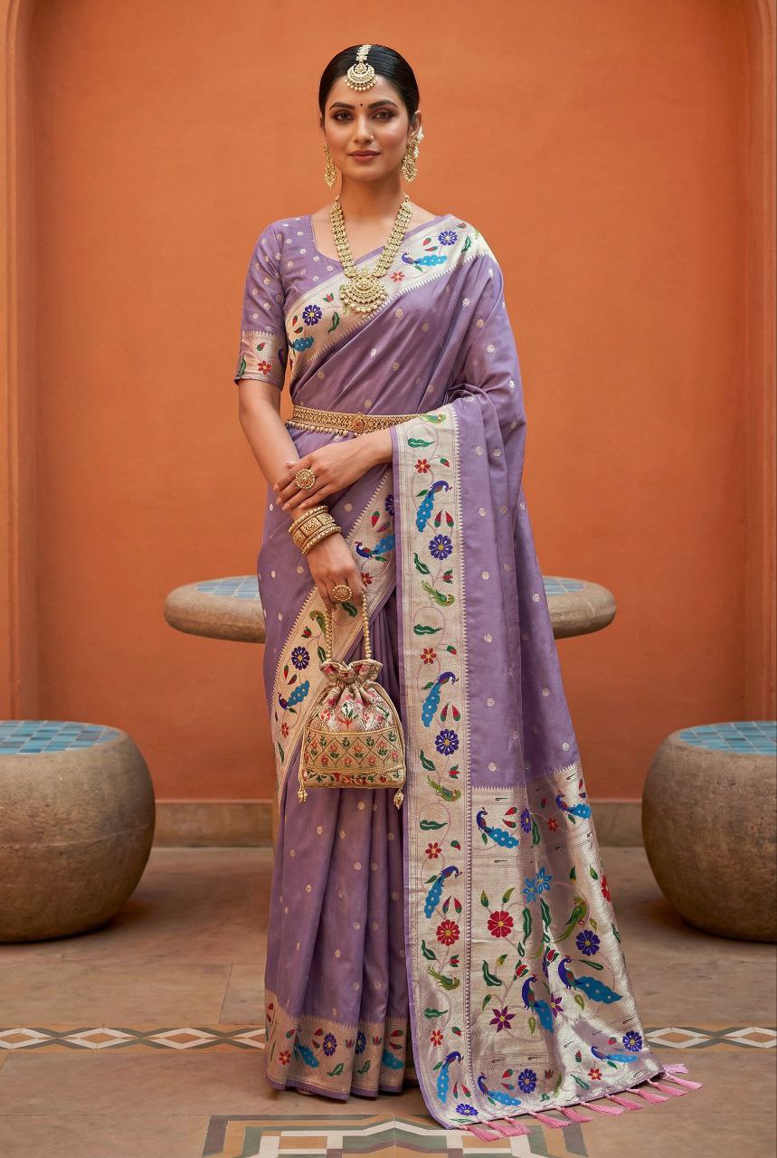 Mameraa Sarees Lavender Faux Banarasi Silk Saree With Paithani Rich Weaved Pallu And Blouse-Lavender | Grocsy