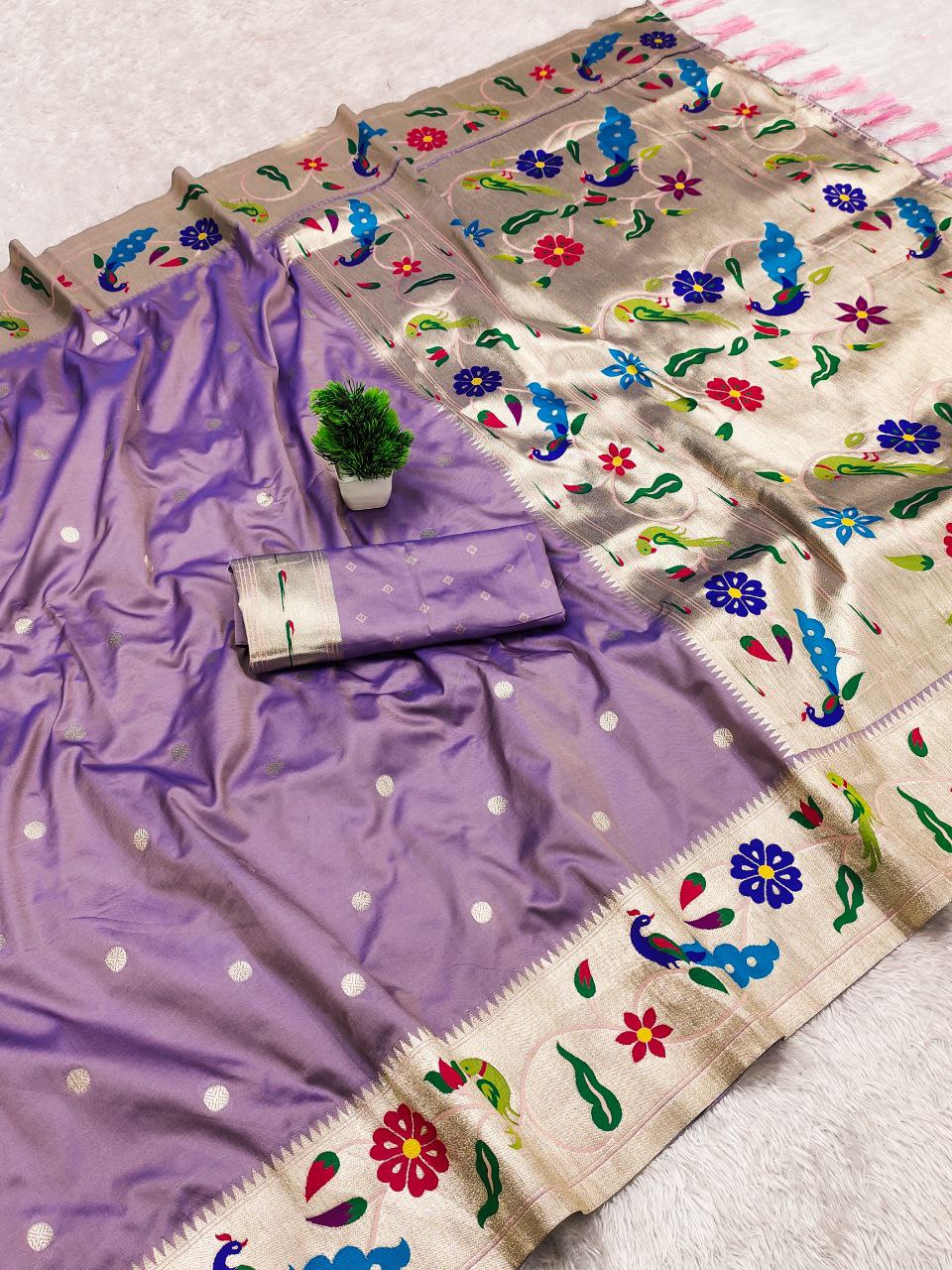 Mameraa Sarees Lavender Faux Banarasi Silk Saree With Paithani Rich Weaved Pallu And Blouse-Lavender | Grocsy