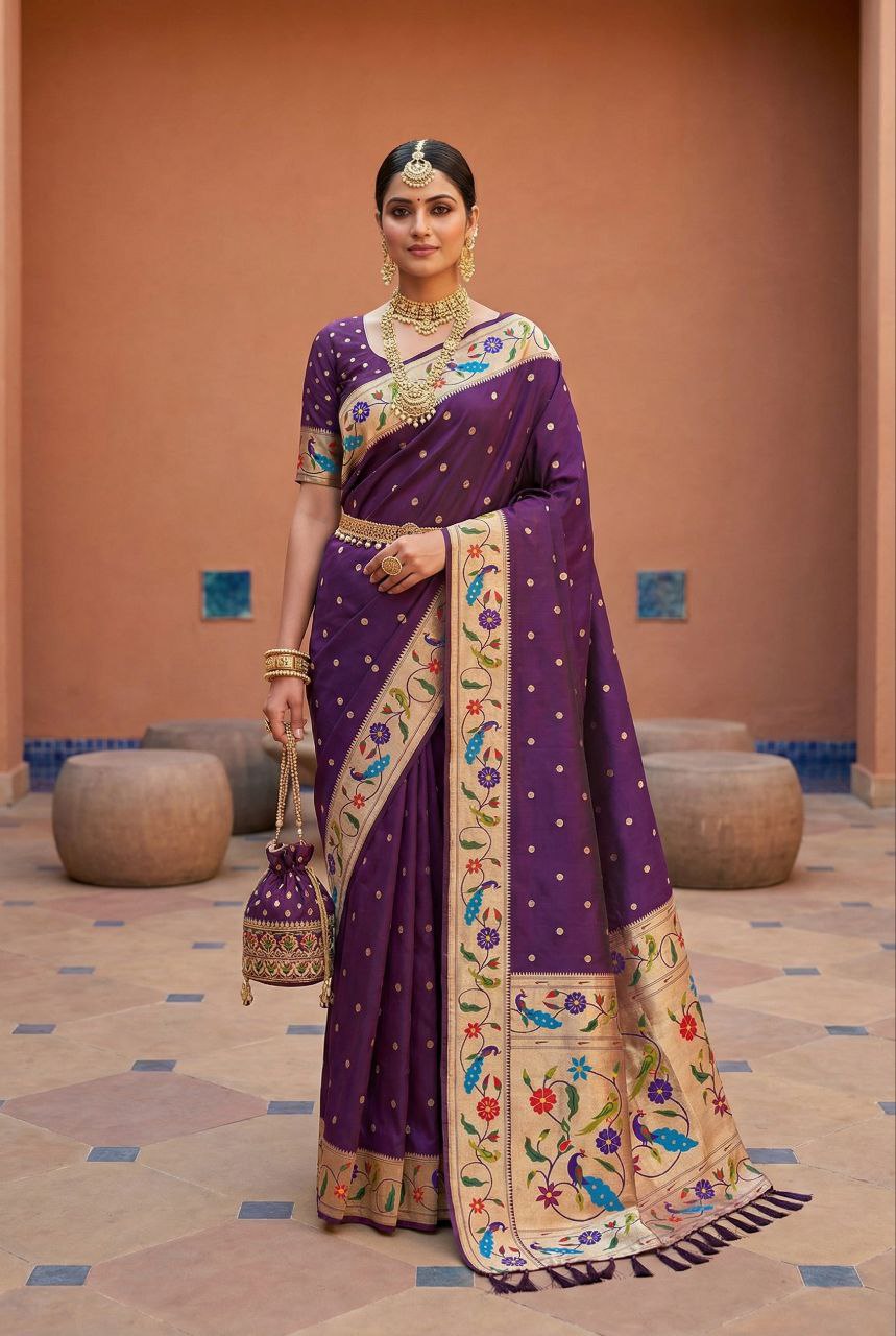 Mameraa Sarees Wine Faux Banarasi Silk Saree With Paithani Rich Weaved Pallu And Blouse-Wine | Grocsy