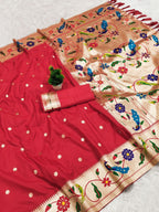 Mameraa Sarees Red Faux Banarasi Silk Saree With Paithani Rich Weaved Pallu And Blouse-Red | Grocsy