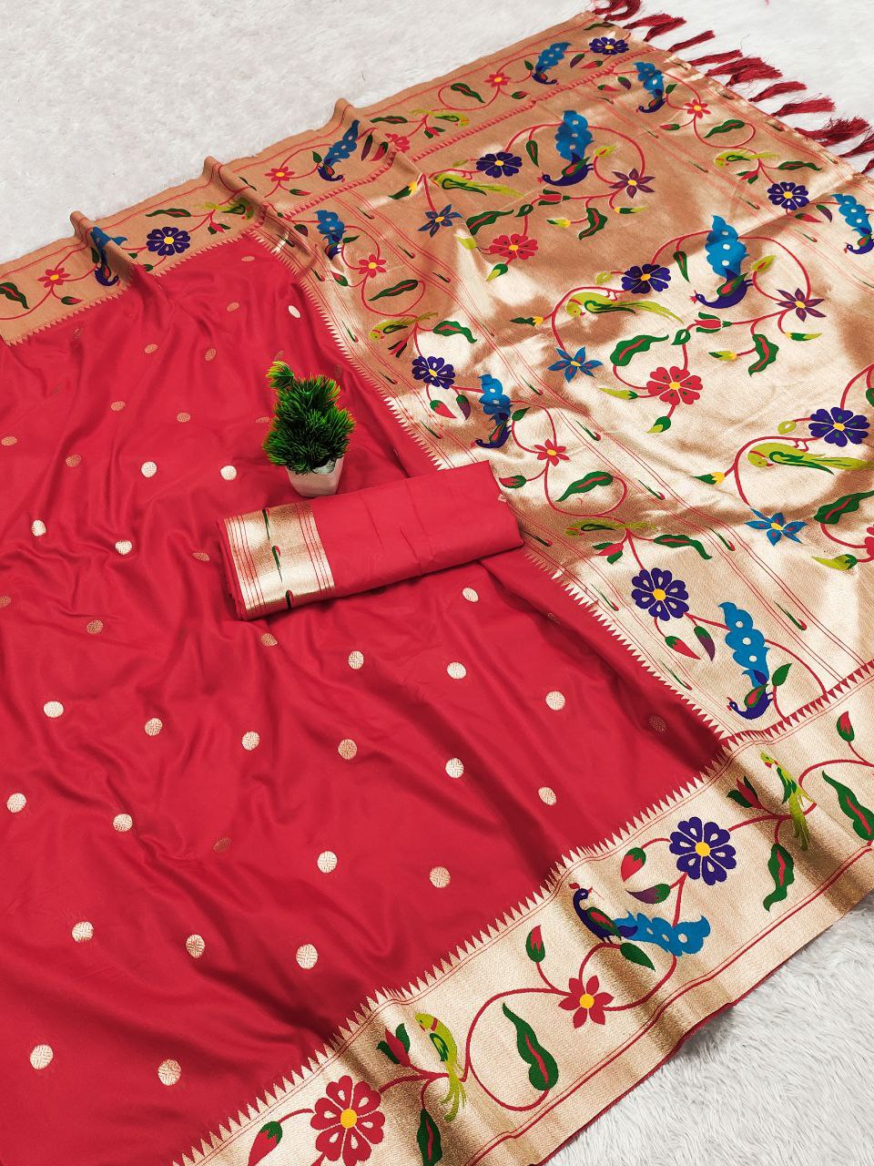 Mameraa Sarees Red Faux Banarasi Silk Saree With Paithani Rich Weaved Pallu And Blouse-Red | Grocsy