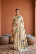 Mameraa Sarees Off White Faux Banarasi Silk Saree With Paithani Rich Weaved Pallu And Blouse-White | Grocsy