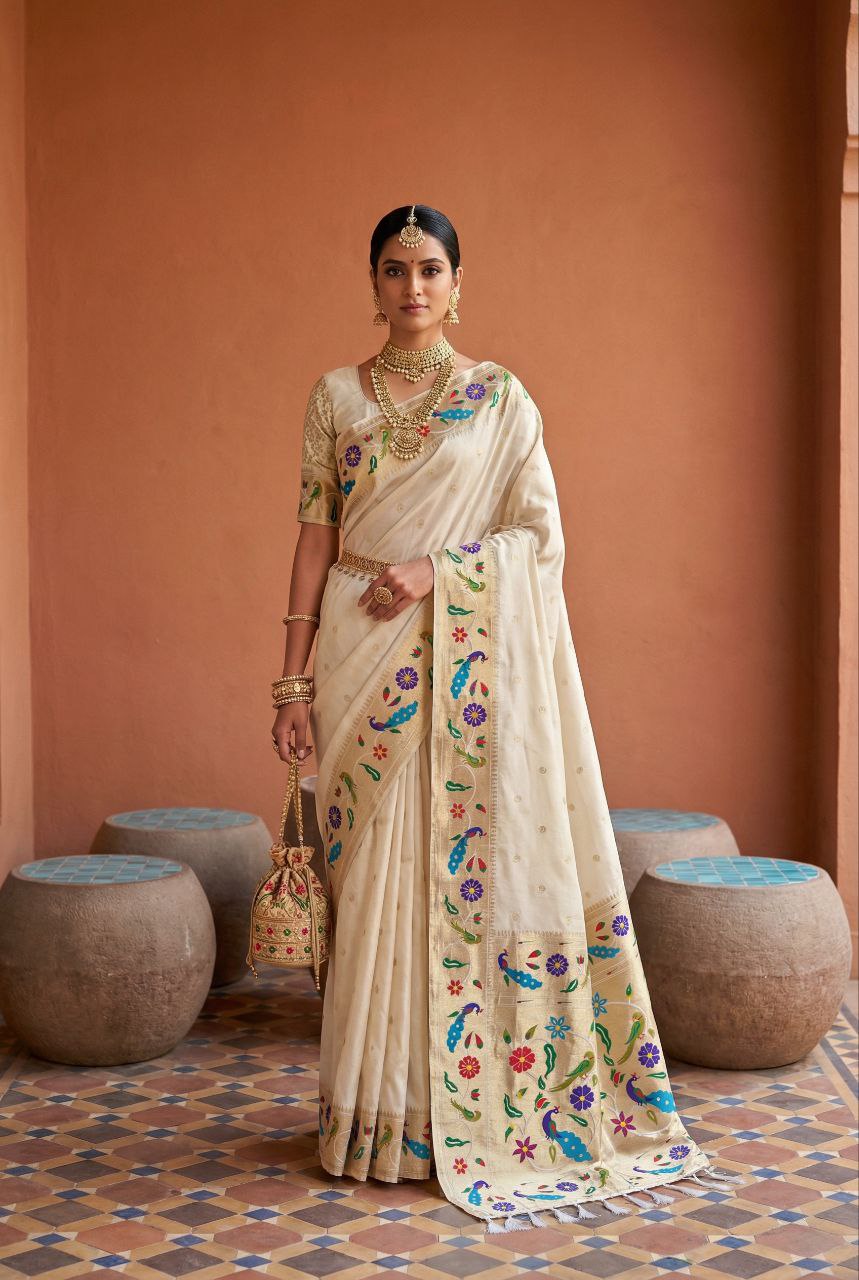 Mameraa Sarees Off White Faux Banarasi Silk Saree With Paithani Rich Weaved Pallu And Blouse-White | Grocsy