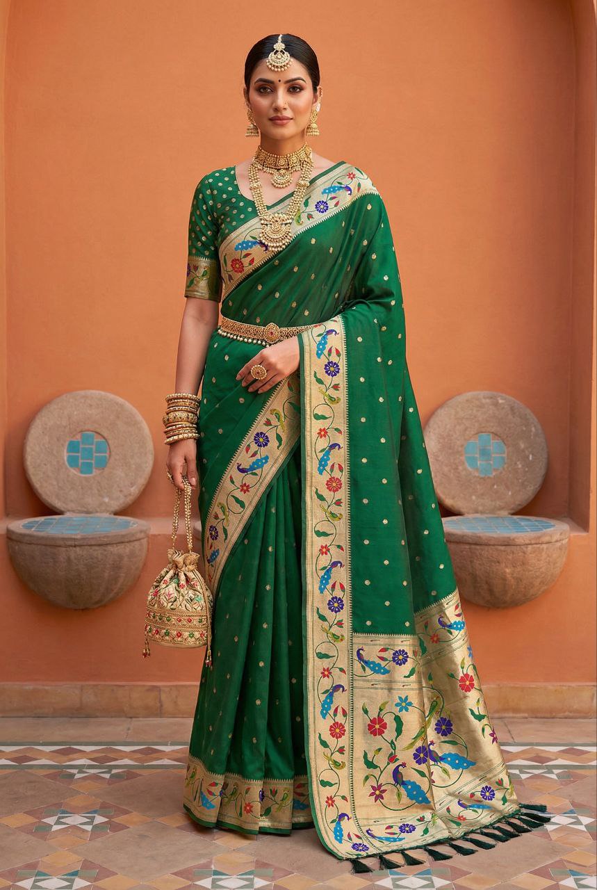 Mameraa Sarees Green Faux Banarasi Silk Saree With Paithani Rich Weaved Pallu And Blouse-Green | Grocsy