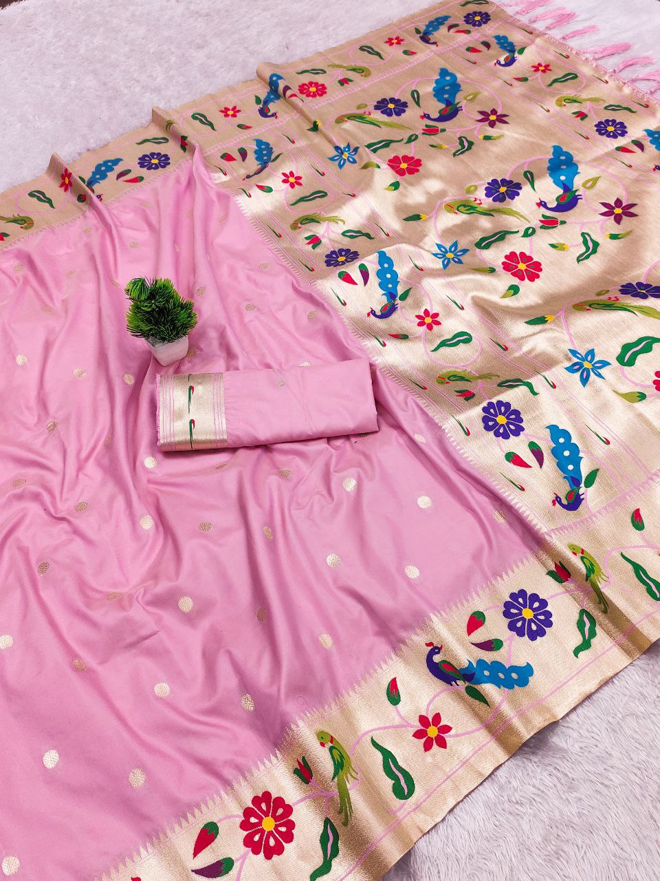 Mameraa Sarees Baby Pink Faux Banarasi Silk Saree With Paithani Rich Weaved Pallu And Blouse-Baby_Pink | Grocsy