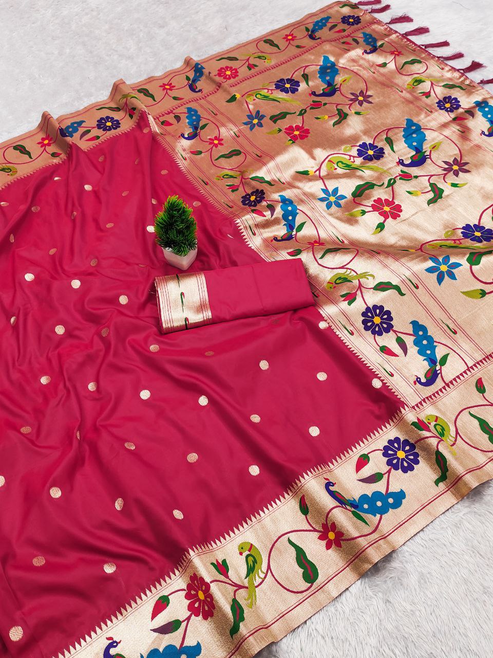 Mameraa Sarees Pink Faux Banarasi Silk Saree With Paithani Rich Weaved Pallu And Blouse-Pink | Grocsy