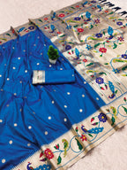 Mameraa Sarees Teal Blue Faux Banarasi Silk Saree With Paithani Rich Weaved Pallu And Blouse-Teal | Grocsy
