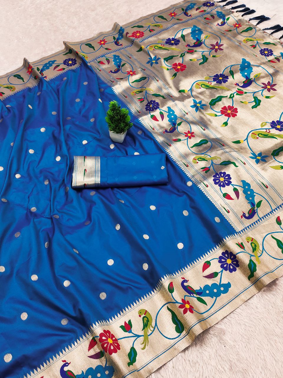 Mameraa Sarees Teal Blue Faux Banarasi Silk Saree With Paithani Rich Weaved Pallu And Blouse-Teal | Grocsy