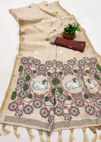 Mameraa Sarees Soft Pure Muga Cotton Saree With Meenakari Weaving Motifs And Contrast Blouse-Cream | Grocsy