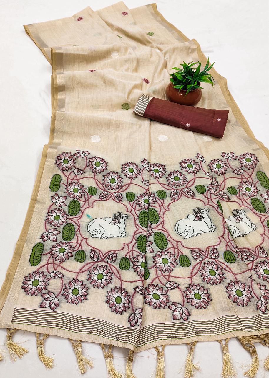 Mameraa Sarees Soft Pure Muga Cotton Saree With Meenakari Weaving Motifs And Contrast Blouse-Cream | Grocsy