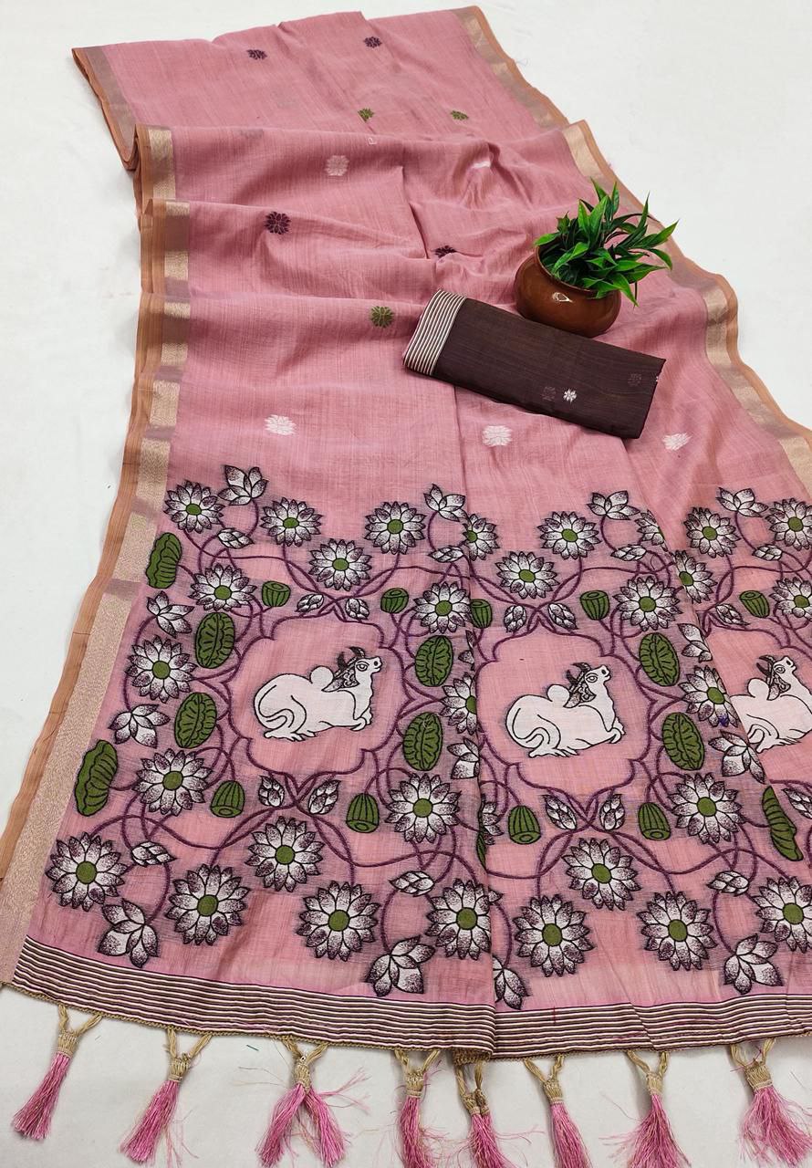 Mameraa Sarees Soft Pure Muga Cotton Saree With Meenakari Weaving Motifs And Contrast Blouse-Baby_Pink | Grocsy