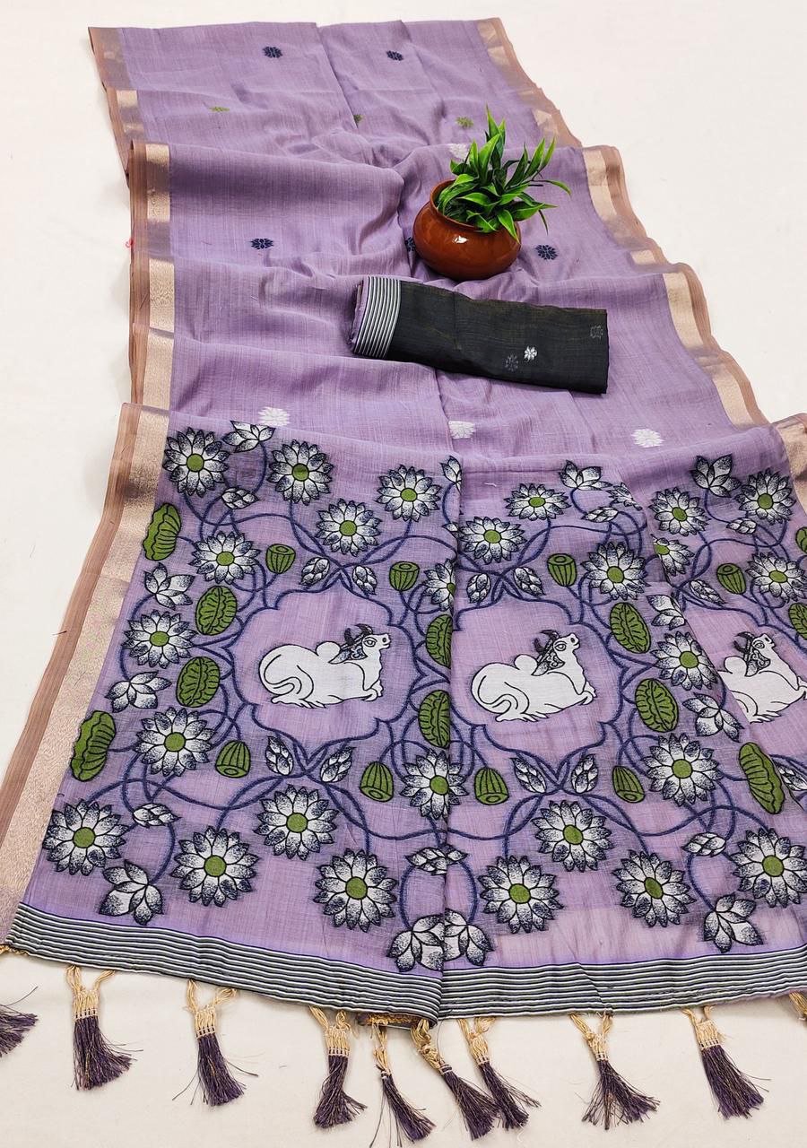 Mameraa Sarees Soft Pure Muga Cotton Saree With Meenakari Weaving Motifs And Contrast Blouse-Lavender | Grocsy