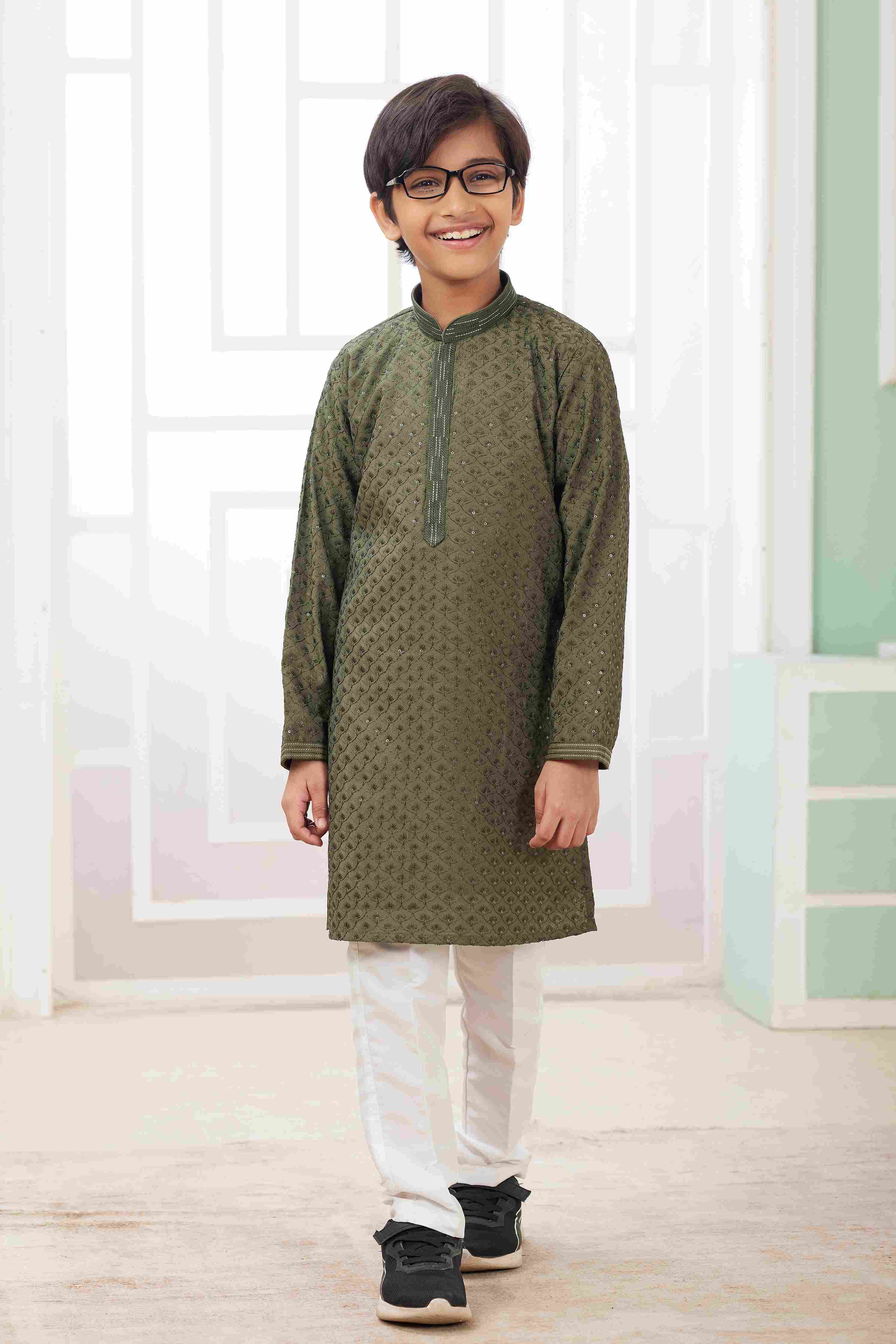 Raivat Ethnic Art Silk Embroidery Work Kids Kurta Pajama In Green Colour | Grocsy