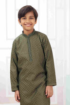 Raivat Ethnic Art Silk Embroidery Work Kids Kurta Pajama In Green Colour | Grocsy