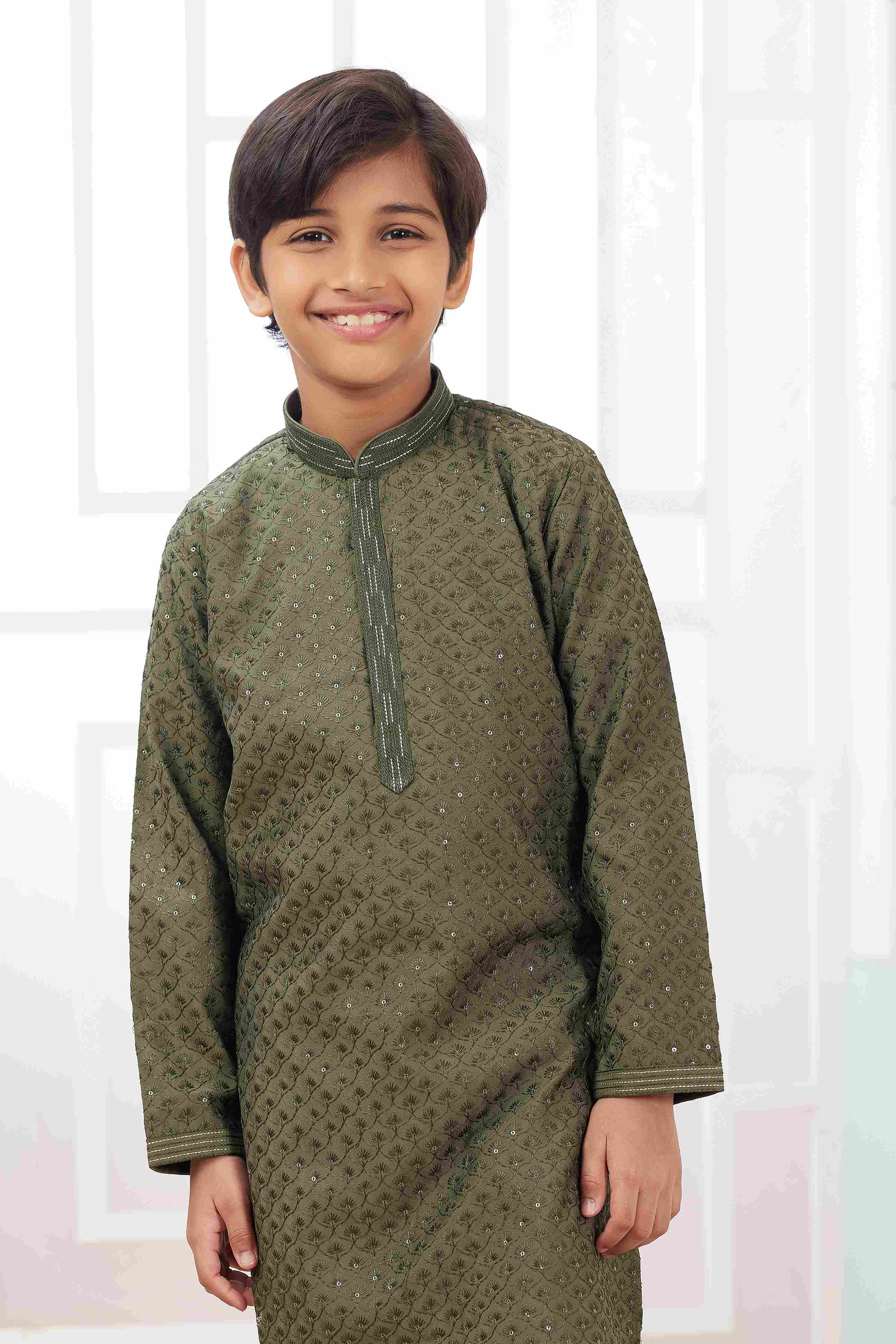Raivat Ethnic Art Silk Embroidery Work Kids Kurta Pajama In Green Colour | Grocsy