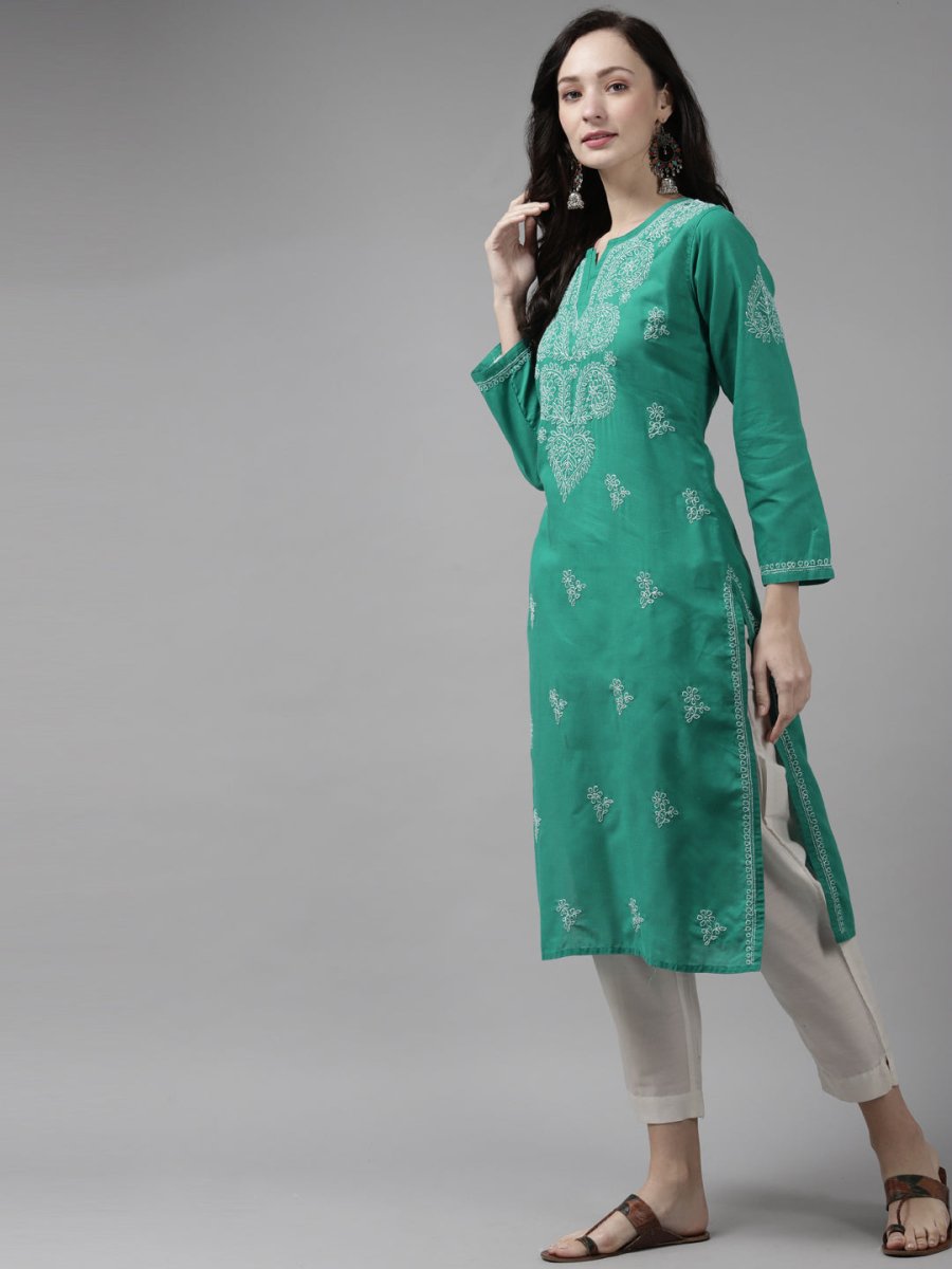 ADA Women Green & White Ethnic Motifs Hand Embroidered Chikankari Handloom Kurta | Grocsy