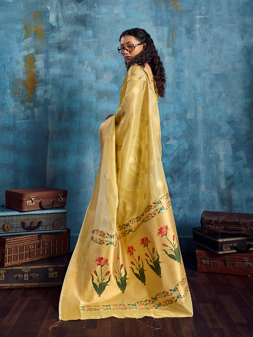 Monjolika Fashion Mustard Paithani Tissue Handloom Weaving Saree | Grocsy