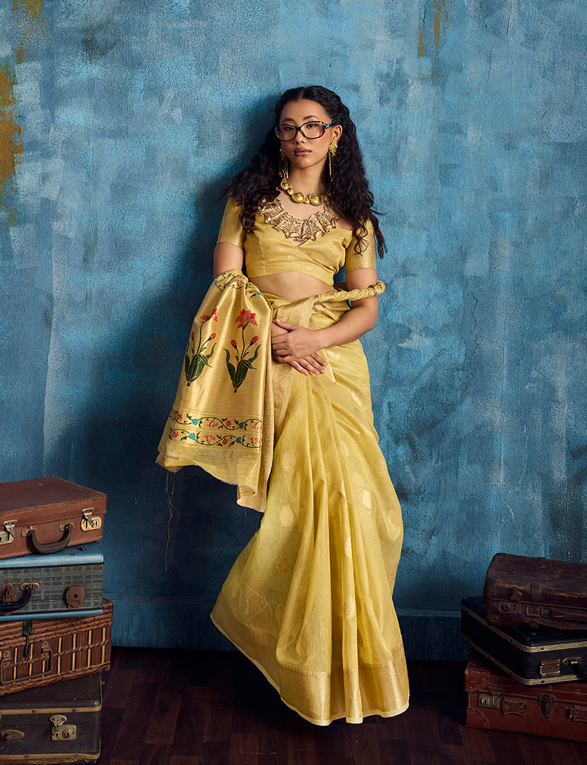 Monjolika Fashion Mustard Paithani Tissue Handloom Weaving Saree | Grocsy
