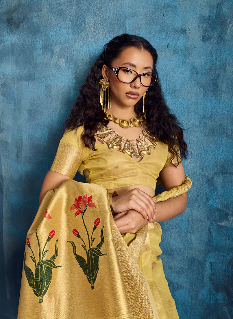 Monjolika Fashion Mustard Paithani Tissue Handloom Weaving Saree | Grocsy