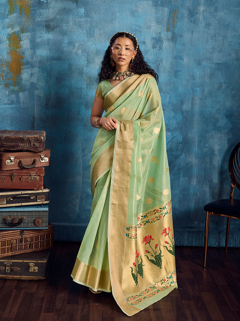 Monjolika Fashion Pastel Green Paithani Tissue Handloom Weaving Saree | Grocsy
