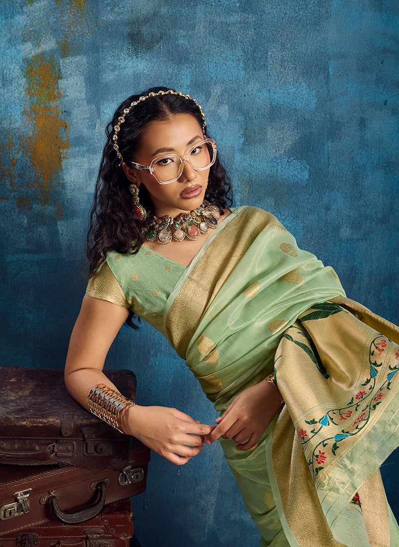 Monjolika Fashion Pastel Green Paithani Tissue Handloom Weaving Saree | Grocsy