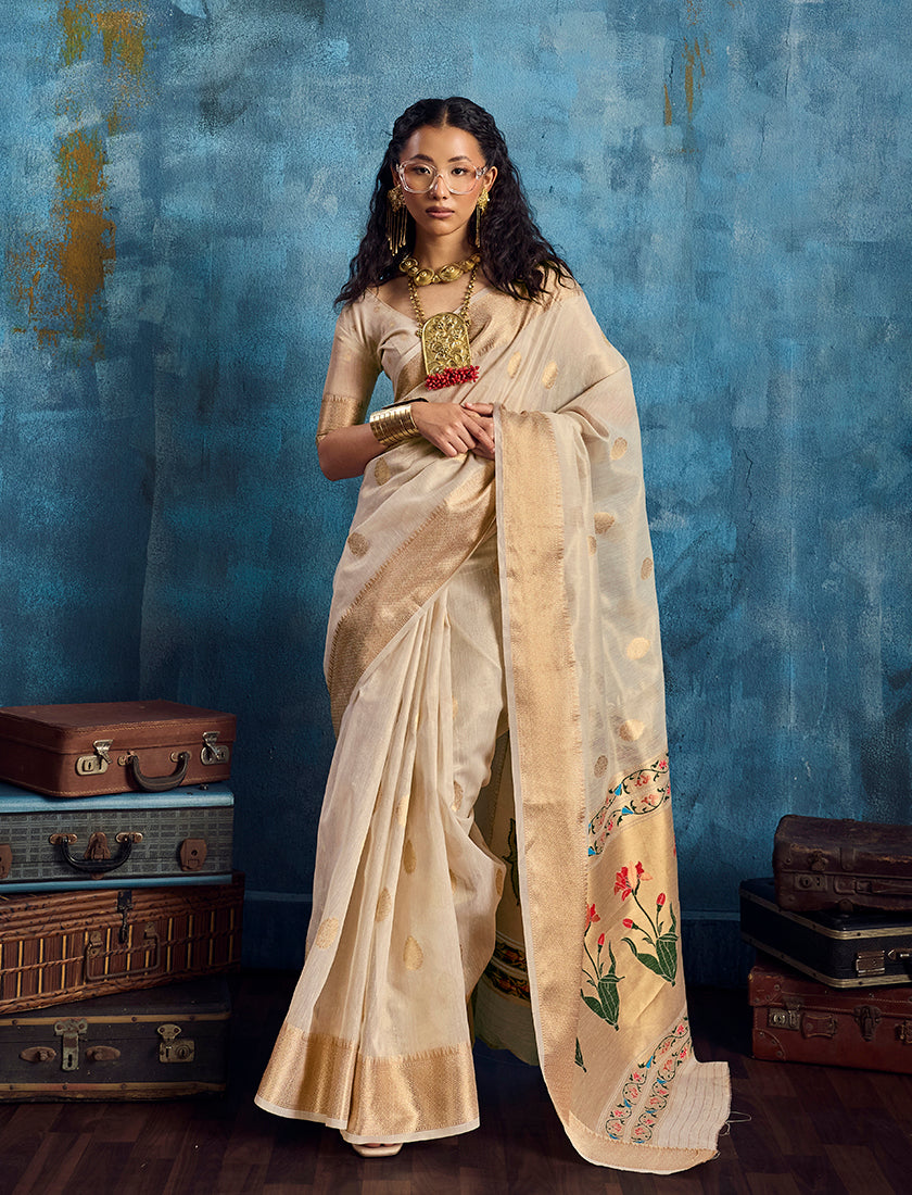 Monjolika Fashion Off White Paithani Tissue Handloom Weaving Saree | Grocsy