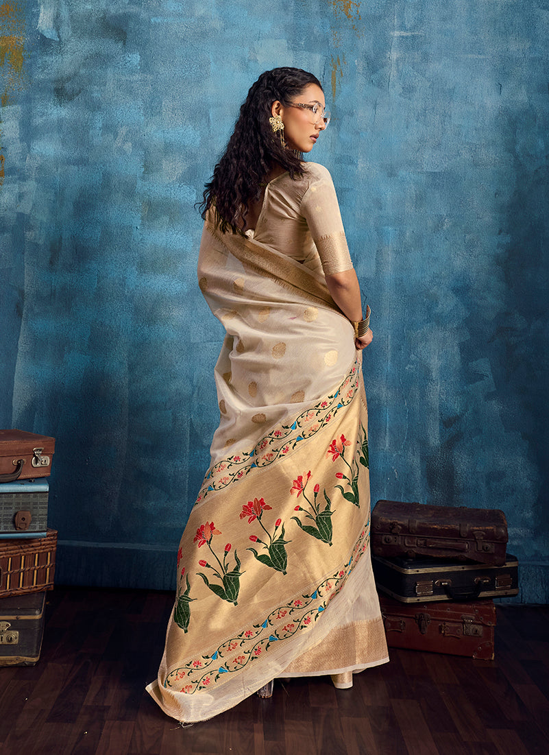 Monjolika Fashion Off White Paithani Tissue Handloom Weaving Saree | Grocsy