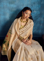 Monjolika Fashion Off White Paithani Tissue Handloom Weaving Saree | Grocsy