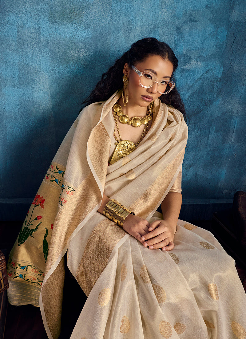 Monjolika Fashion Off White Paithani Tissue Handloom Weaving Saree | Grocsy