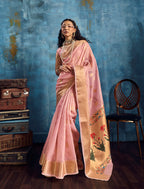 Monjolika Fashion Pink Paithani Tissue Handloom Weaving Saree | Grocsy
