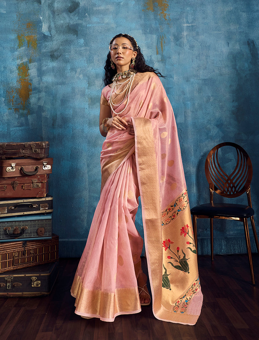 Monjolika Fashion Pink Paithani Tissue Handloom Weaving Saree | Grocsy