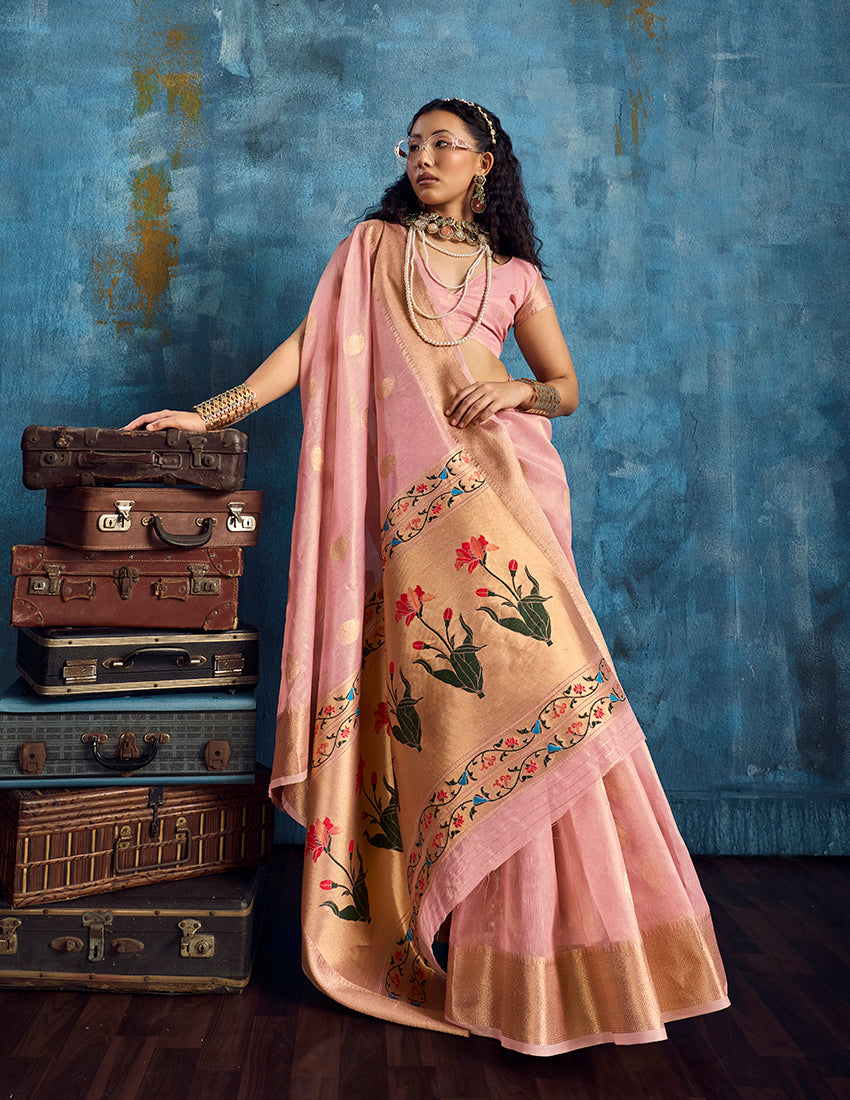 Monjolika Fashion Pink Paithani Tissue Handloom Weaving Saree | Grocsy