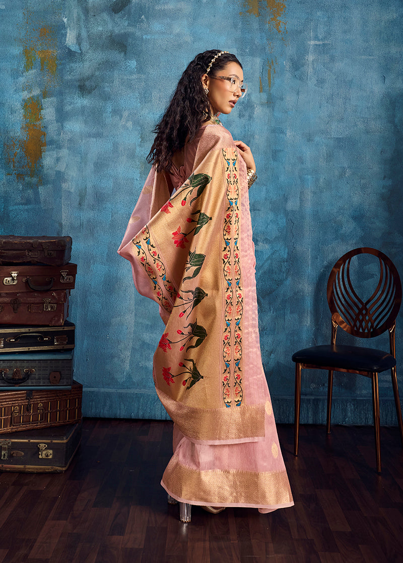 Monjolika Fashion Pink Paithani Tissue Handloom Weaving Saree | Grocsy