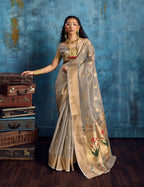 Monjolika Fashion Grey Paithani Tissue Handloom Weaving Saree | Grocsy
