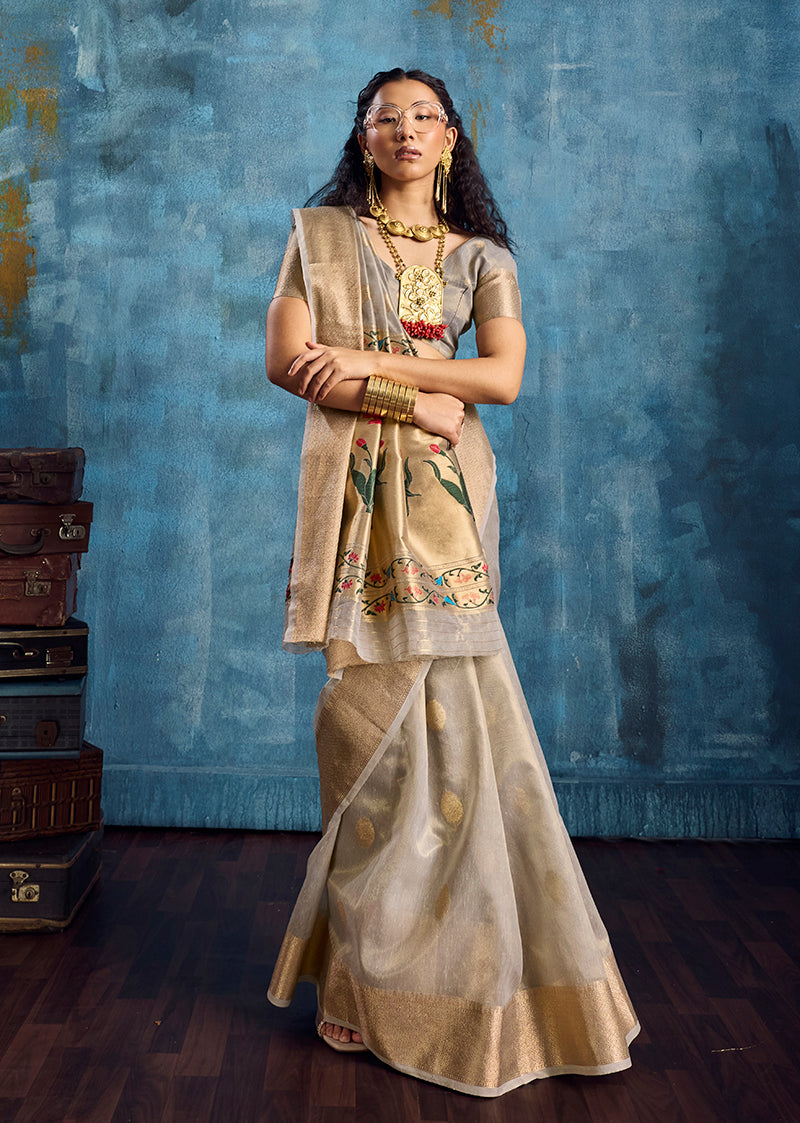 Monjolika Fashion Grey Paithani Tissue Handloom Weaving Saree | Grocsy