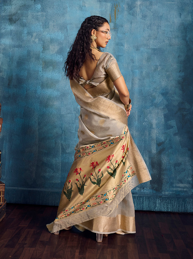 Monjolika Fashion Grey Paithani Tissue Handloom Weaving Saree | Grocsy