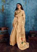 Monjolika Fashion Beige Paithani Tissue Handloom Weaving Saree | Grocsy