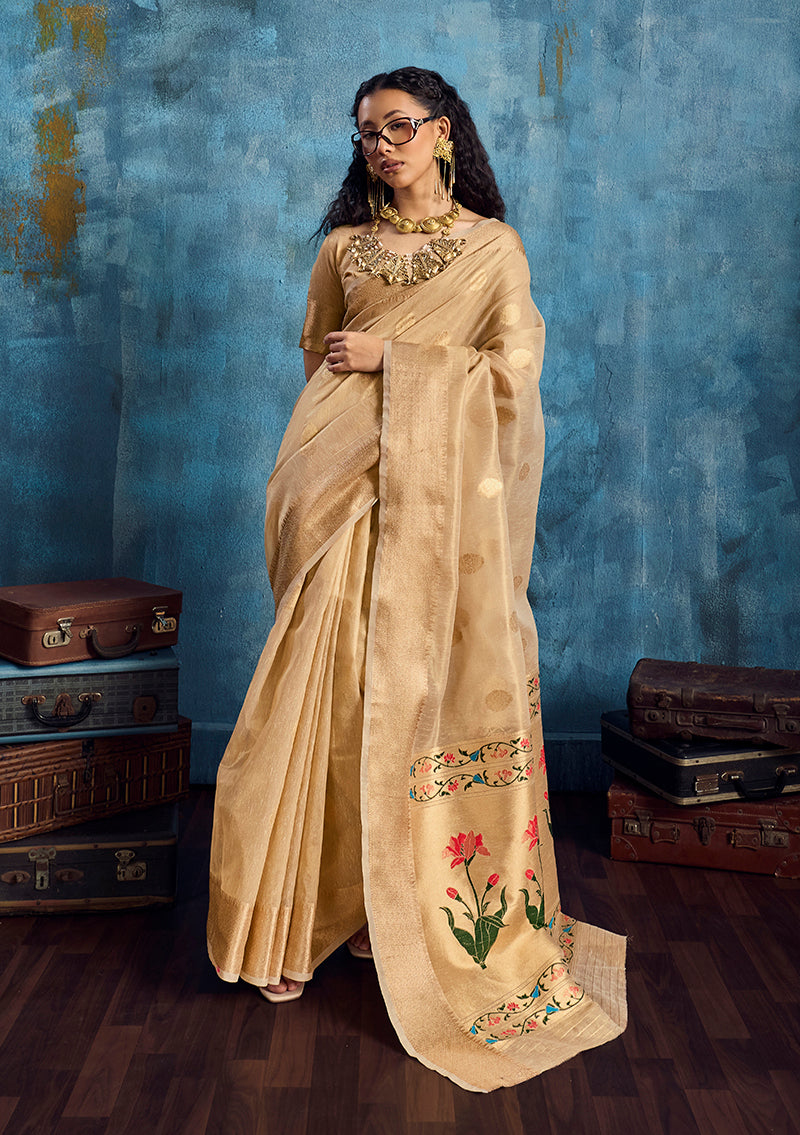 Monjolika Fashion Beige Paithani Tissue Handloom Weaving Saree | Grocsy