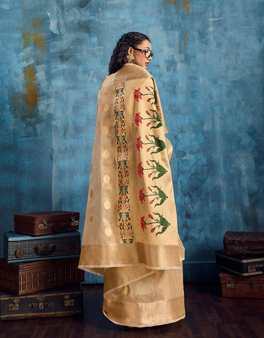 Monjolika Fashion Beige Paithani Tissue Handloom Weaving Saree | Grocsy