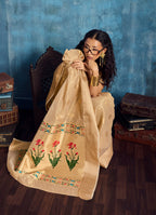 Monjolika Fashion Beige Paithani Tissue Handloom Weaving Saree | Grocsy