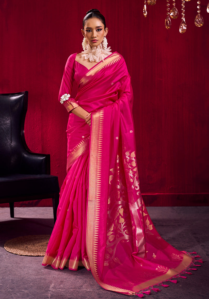 Monjolika Fashion Rani Pink Weaving Satin Linen Silk Saree | Grocsy