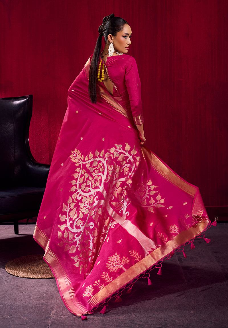 Monjolika Fashion Rani Pink Weaving Satin Linen Silk Saree | Grocsy