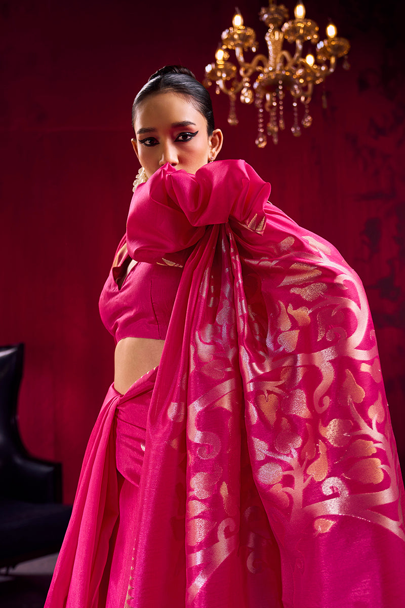 Monjolika Fashion Rani Pink Weaving Satin Linen Silk Saree | Grocsy