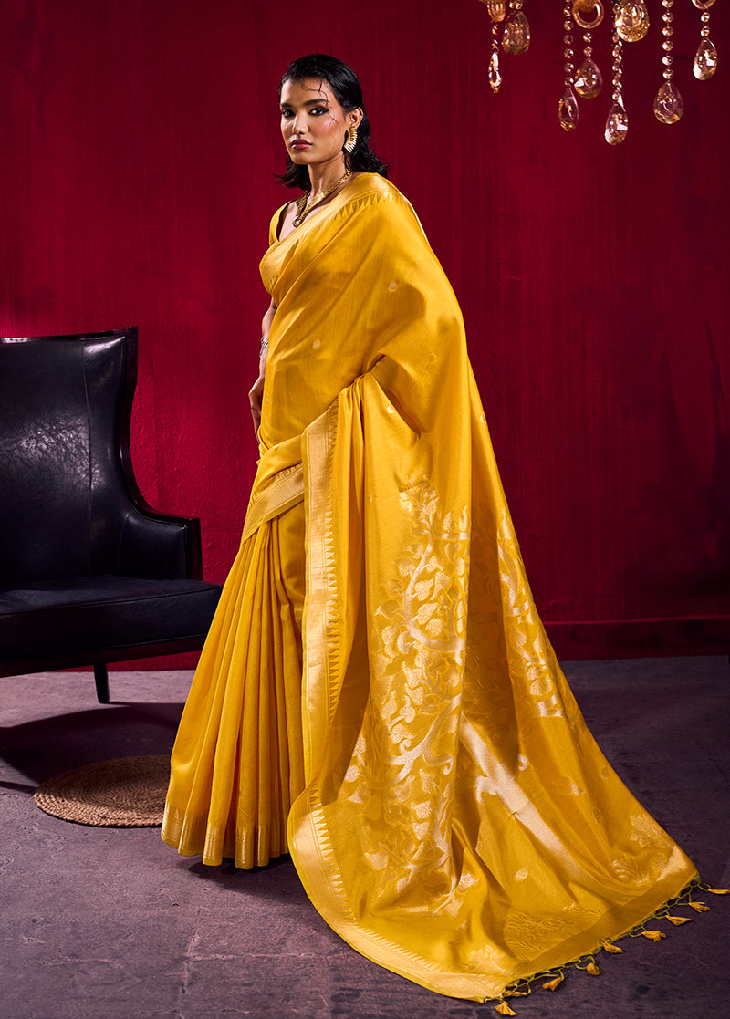 Monjolika Fashion Mustard Weaving Satin Linen Silk Saree | Grocsy
