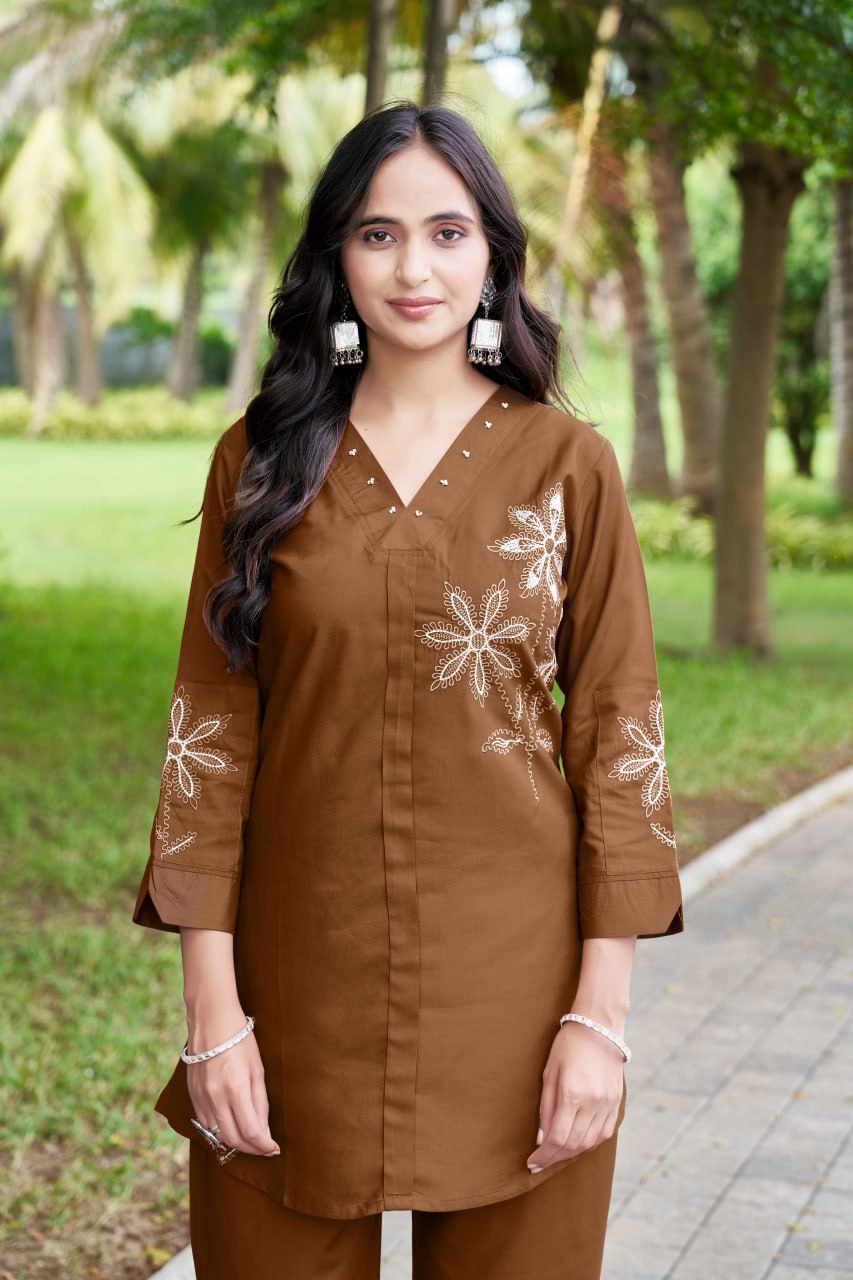 Pramukh Fab Brown Color Rayon Co-ords Set | Grocsy