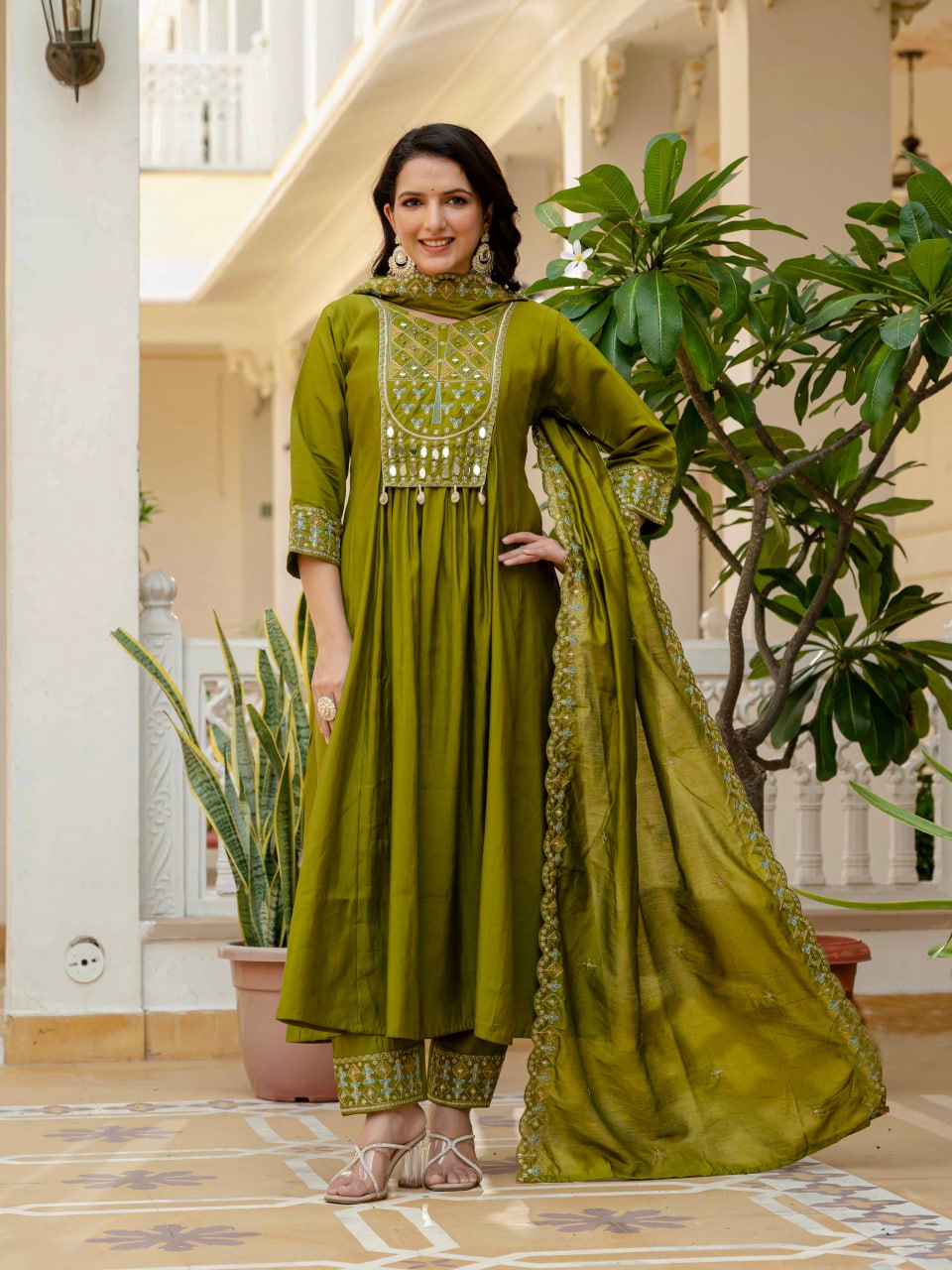 Pramukh Fab Olive Color Roman Silk Kurta Set | Grocsy