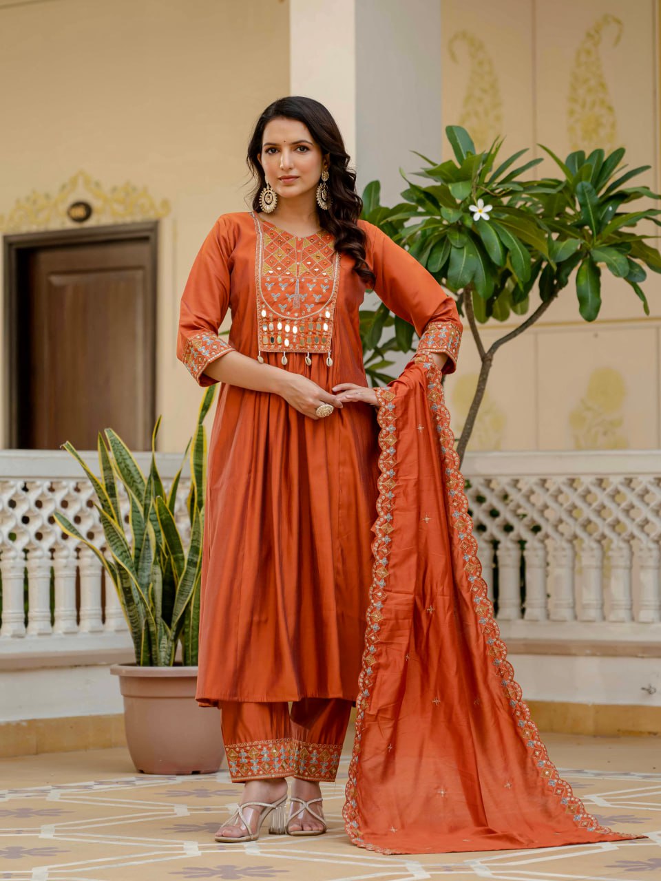 Pramukh Fab Orange Color Roman Silk Kurta Set | Grocsy