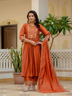 Pramukh Fab Orange Color Roman Silk Kurta Set | Grocsy