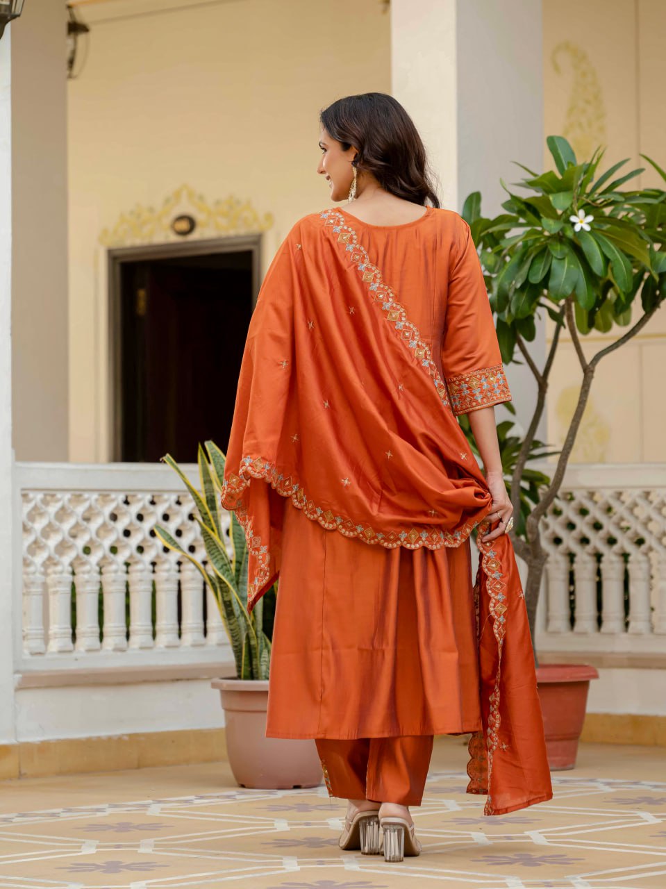 Pramukh Fab Orange Color Roman Silk Kurta Set | Grocsy